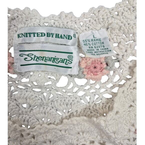 Shenanigans Hand Knit  Cotton Scallop Stitch Rosette Sweater 3D L Cottage Core - Picture 5 of 5